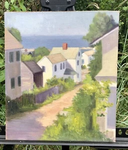 Vintage Oil Painting Sunny Summer Lane Houses Ocean Rockport Massachusetts Art - Picture 1 of 4
