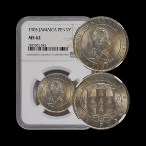 JAMAICA. 1905, Penny - NGC MS62 - KEVII, Royal Arms, Pineapples ๐ - Picture 1 of 5