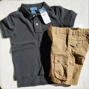Ralph Lauren Polo Boys Size 4 Summer Cargo Shorts & Tops $80 Retail Black Tan - Picture 1 of 1