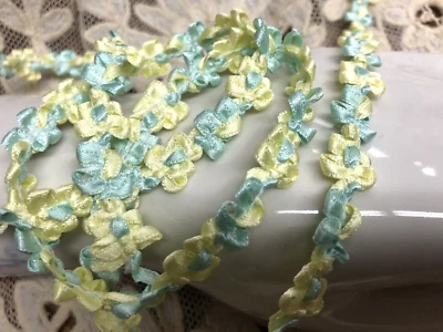 vintage rococo 3/8" satin flower trim ribbon 1yd yellow aqua made in France - Image 1 of 3