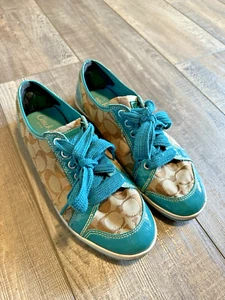 Coach Brodi Khaki Teal Blue Signature Patent Leather Jacquard Women Shoes Sz 10 - Picture 1 of 8