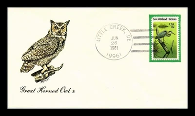 DR JIM STAMPS US COVER SAVE WETLAND HABITATS FDC HAND CANCEL GREAT HORNED OWL - Image 1 of 2