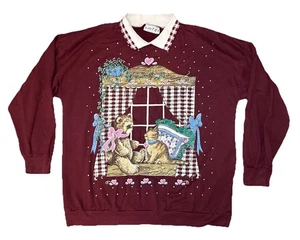Vintage Akt III Damen-Sweatshirt Grafik Kragen Schnee Schleifen Bär Katze weinrot LARGE - Bild 1 von 9
