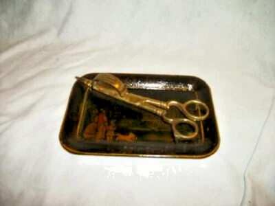 1880s Americana Train Tole Tray Candle Snuffer Brass Wick Folk Art Stencil Aged - Image 1 of 4