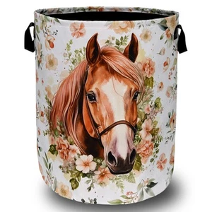 Aquarell Pferd Wäschekorb faltbar mit Griffen niedliche Tier Blumen Tragetasche... - Bild 1 von 7