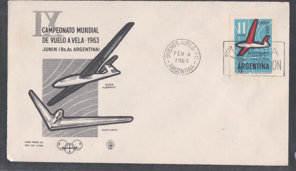 ARGENTINA 1963 FDC 9th WORLD GLIDING CHAMPIONSHIP PLANE SUPER ALBATROS + CACHET - Image 1 of 1
