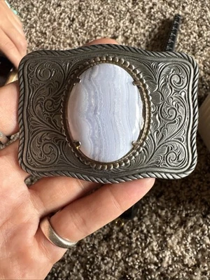 Hebilla de cinturón de metal tono plata cabujón piedra ágata encaje azul Foto 1 de 4