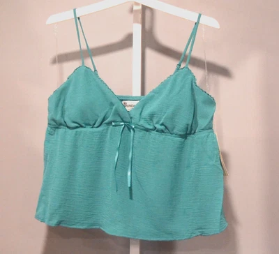 NWT No Boundaries Women's L Cropped Turquoise Cami w/Built-in Bra Ribbon Accent - Image 1 of 4
