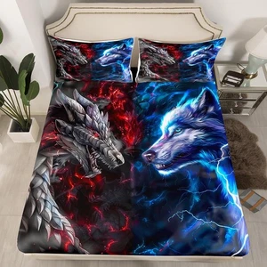 3D Drache Kinder Spannbettlaken Twin Size, Western Drache Wilder Wolf Dschungeltier... - Bild 1 von 6