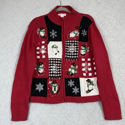 Vtg Holiday Sweater Womens L Red Full Zip Christmas Winter Snowman Grandma 90s - Image 1 of 4