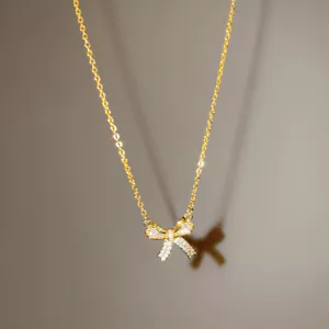18k Gold Plated Crystal Bow Pendant Chain Necklace Womens Girls Jewellery Choker - Picture 1 of 19