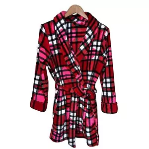 Betsey Johnson XS / SMALL ROBE Bathrobe Ultra Plush Furry Fleece Heart Plaid NEW - Picture 1 of 7