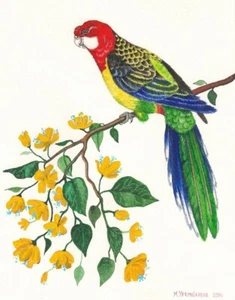 11x14 DRUCK GEMÄLDE RYTA PAPAGEI TROPISCHER VOGEL STRAND EXOTISCH Urlaub Volkskunst - Bild 1 von 1