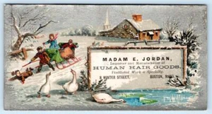 1880's MADAM JORDAN HUMAN HAIR GOODS BOSTON WINTER SNOW SCENE SLEIGH TRADE CARD - Picture 1 of 2