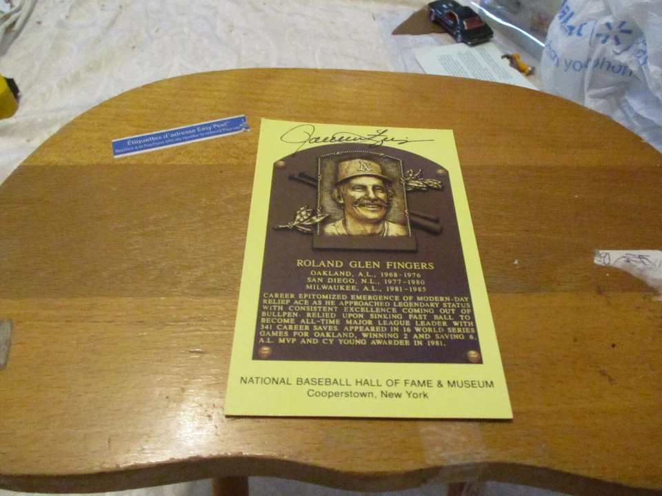 ROLAND ROLLY FINGERS  AUTOGRAPHED HALL OF FAME GOLD PLAQUE POSTCARD - Image 1 of 1