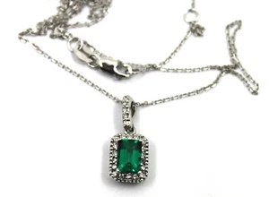 14k Solid White Gold Lab Created Emerald & Natural Diamond Pendant Necklace - Picture 1 of 5
