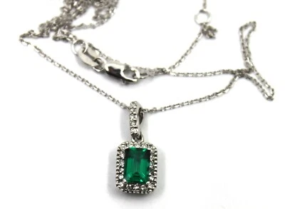 14k Solid White Gold Lab Created Emerald & Natural Diamond Pendant Necklace - Image 1 of 4