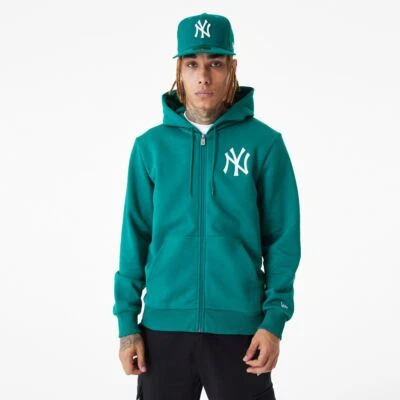 Sudadera con capucha New Era League Essential cuello redondo FZ para hombre ~ verde New York Yankees Foto 1 de 4