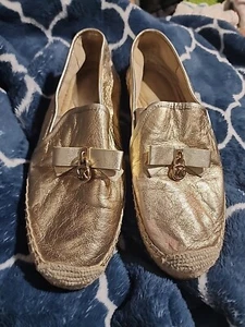 Michael Kors Women's LEATHER Hastings Slip On Espadrille Metallic Gold W8M V019k - Picture 1 of 12