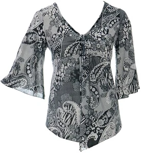 Damen Gothic ausgestellte Ärmel Stretch schwarz weiß fließend Top geraffte Bänder VNeck - Bild 1 von 4