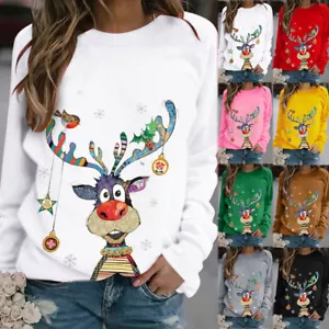 Women Christmas Novelty Xmas Hoodie Blouse Ladies Jumper Pullover Top Sweatshirt - Picture 1 of 21