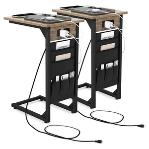 2PCS C Shaped End Table Sofa Side Table with Charging Station & Side Storage Bag - Picture 1 of 8