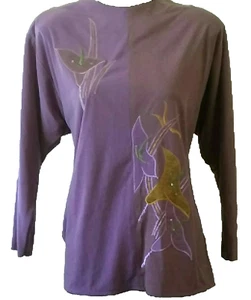 Women Long Sleeve Floral Rhinestone Embroidered Polyester Top Purple M (12-14) - Picture 1 of 11