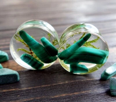 Malachite Stone Ear Flesh Tunnels Acrylic plugs Large Size Double Flared Gauges - Image 1 of 4