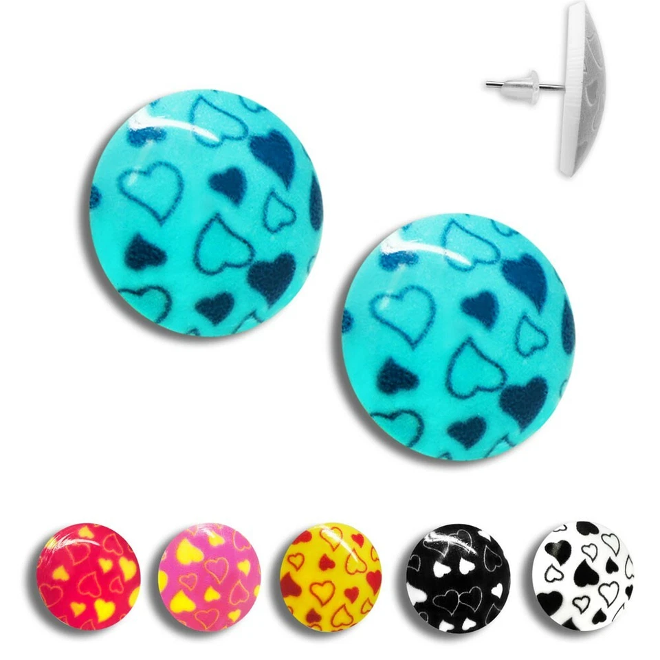 2 süße Ohrstecker Herz Knopf rund bunt hellblau rot gelb schwarz weiß pink  - Bild 1 von 1