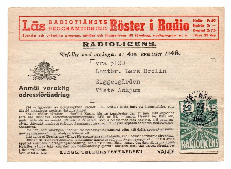 SUECIA: Ingresos por licencia de radio en documento 10 kr 1948. Foto 1 de 1