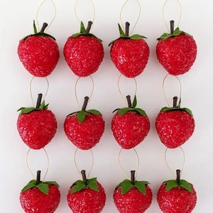 12 Vintage rot gezuckert mattiert Glitzer Erdbeere Weihnachtsschmuck - Bild 1 von 9