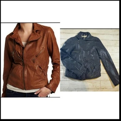 Anthropologie Wgaca 黑色黄油皮革摩托车夹克骑手缎面衬里小号 — 第 1/4 张图片