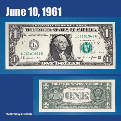 June 10, 1961 Birthday Anniversary $1 One Dollar Bill Serial Number 06101961 - Image 1 of 2