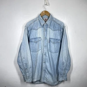 Vintage Levis Western Shirt Mens M Blue Denim Barstow Snap 90s Cowboy - Picture 1 of 12