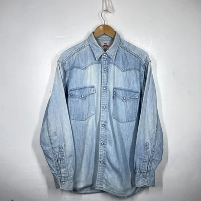 Vintage Levis Western Shirt Mens M Blue Denim Barstow Snap 90s Cowboy - Image 1 of 4