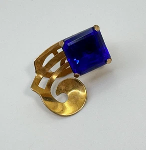 Vintage Antique FUR / Dress CLIP Large Square Sapphire color Blue STONE Signed - Picture 1 of 7