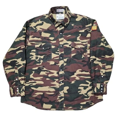 Woodland Camo FR Pearl Snap HRC2 Work Shirt Mens 2XL Long Sleeve Flame Resistant - Image 1 of 4