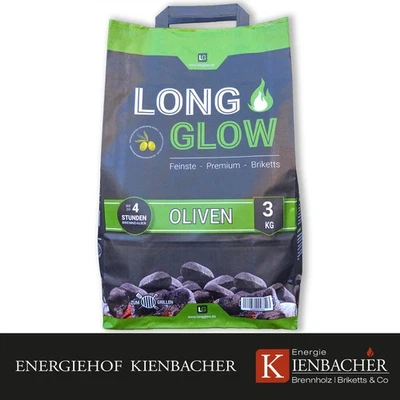 ENERGIE KIENBACHER "LONG GLOW" EINGETRAGENE UND GESCHÜTZTE MARKE 3-27 kg Long Glow Olive Premium Grillbriketts Lange Brenn-& Glutdauer bis zu 4h