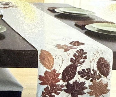 New Autumn Leaves Faux Leather Table Runner Thanksgiving Fall Colors 72x14 Beige - Image 1 of 4