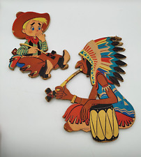 Vintage Dolly Toy Western Plaques Cowboy   Indian Wall Hanging Pressed Cardboard
