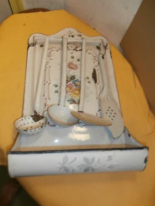 Vintage Porcelain Enamel Metal Kitchen Utensil Ladle Strainer Holder Wall Rack - Picture 1 of 23