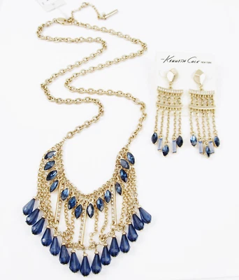 Kenneth Cole New York Gold-Tone Blue Bead Necklace & Earrings Set NWT $107 - Image 1 of 3