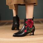 Womens Leather Side Zip Block Heels Closed Toe Embroidery Decor Ankle Boots Size