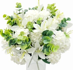 4 Bundles Artificial 20 Chrysanthemum Balls with Lily Flowers Fake Silk White - Picture 1 of 3
