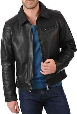 Men's Cafe Racer Motorcycle Leather Jacket Black & Brown Genuine Biker Style - Image 1 of 4