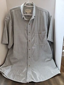 Mens Eddie Bauer Single Pocket Button Down Short Sleeve Shirt Green And White - Picture 1 of 9