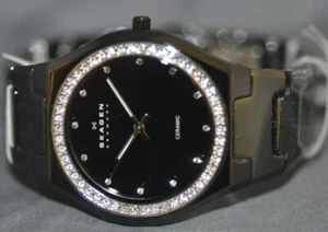 Skagen Ladies Black Dial Swarovski Crystal Bezel Black Ceramic Watch 813LXBC - Picture 1 of 5