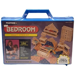 Vintage 1995 Pastime 9 Piece Bedroom Set Pin Doll Craft Stick Kit Blue Case  - Picture 1 of 17