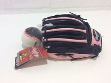 Rawlings 9” Left Handed Baseball Glove For Girls Pink And Black, With Baseball