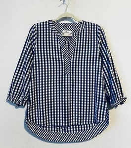 Vineyard Vines Top Womens Small Blue Gingham Hi Low Hem Tie Cuffs Cotton Boho - Picture 1 of 8